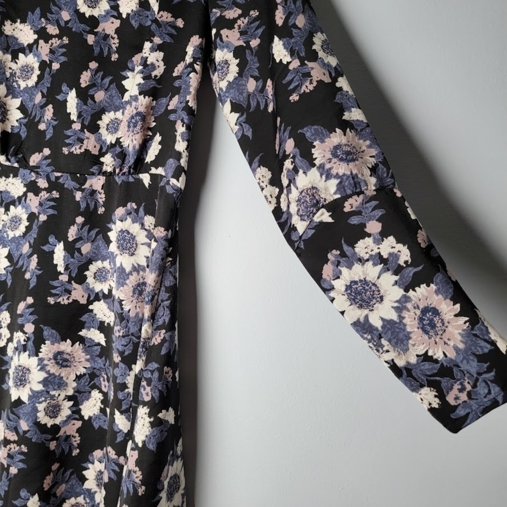 Free People Floral Mini Dress Size 2 Black Long Sleeve Fit Flare Cottagecore - Picture 6 of 14